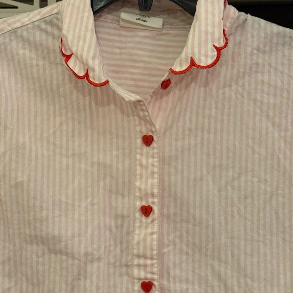 LAKE pajamas Medium M pink striped pj top red piping heart buttons - Picture 5 of 5